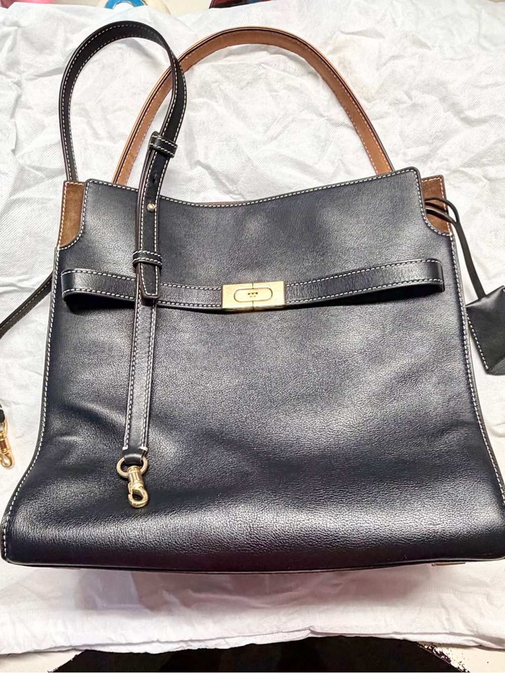 Tory Burch Lee Radziwill Large Double Satchel Bag Black Leather Suede
